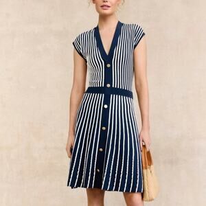 Christy Lynn Blue White Stripe Knit Dress LARGE Preppy Work Career Designer $475